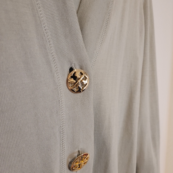 Tory Burch Simone Cardigan Sweater Green Ribbed Logo Gold Button Front Cotton - Picture 5 of 9